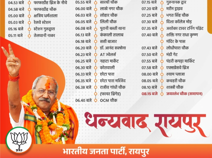 कल बृजमोहन अग्रवाल की विजय आभार रैली, राजधानी रायपुर के विभिन्न मार्गों से होकर गुजरेगी रैली…