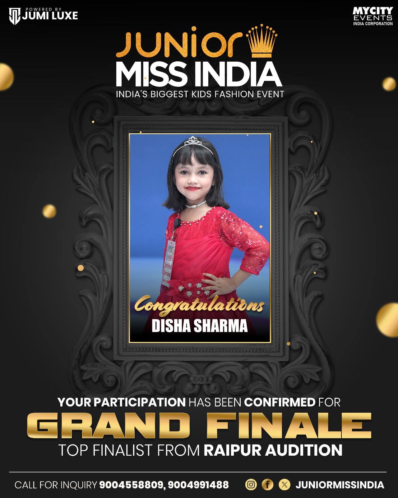 रायपुर की 6 वर्षीय दिशा शर्मा Junior Miss India ग्रैंड फिनाले में टॉप-9 फाइनलिस्ट चयनित…
